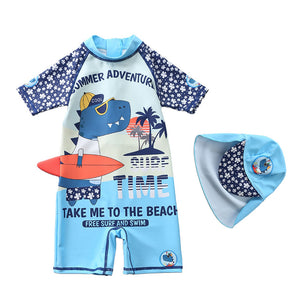 Open image in slideshow, Estamico Boys One Piece Rash Guard Swimsuit Set Swim Cap with Extended Neck shade Kid Water Sport UPF 50+ Sun Protection
