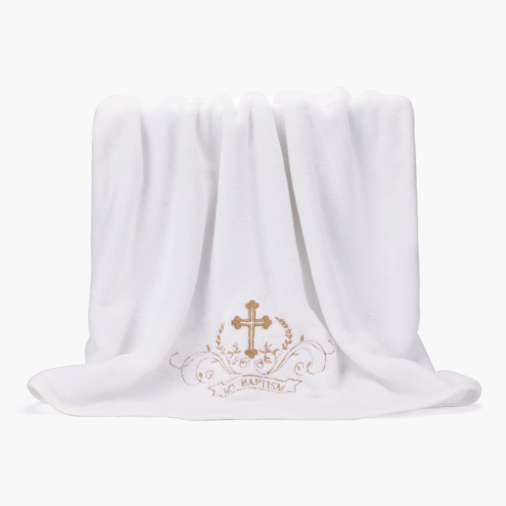 ESTAMICO "MY BAPTISM" Baby Christening Dedication White Blanket with Embroidered Cross Premium Soft Warm Cozy Coral Fleece Toddler, Infant or Newborn Receiving Blanket
